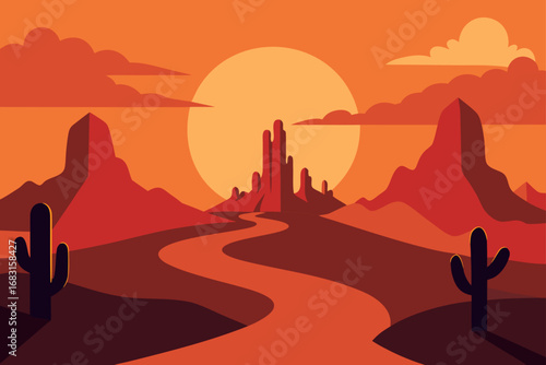 rocky desert with towering saguaro cacti  a windin