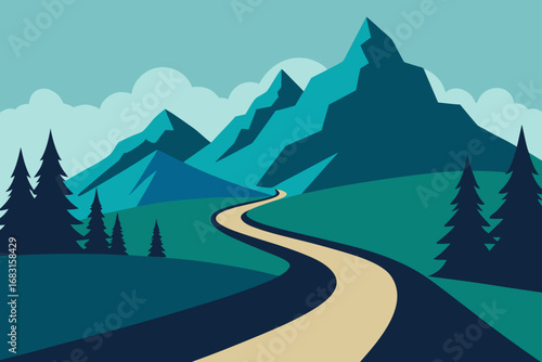 rocky mountain pass with a winding road  pine tree