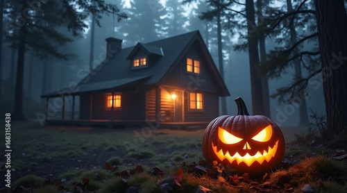 Wallpaper Mural Spooky haunted house in a dark forest with a glowing jack-o'-lantern entrance Torontodigital.ca