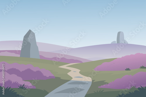 misty moorland with heather in bloom  ancient stan