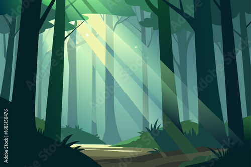 misty ancient forest with towering trees and shaft