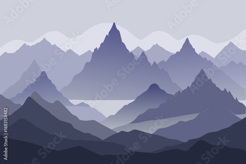 misty mountain range with jagged peaks shrouded in