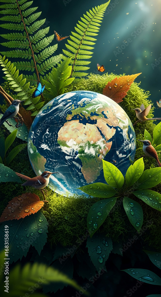 Obraz premium Earth nestled in lush greenery, surrounded by birds and butterflies, conveying environmental harmony and ecological balance, ideal for nature conservation campaigns