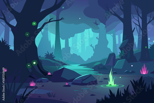 enchanted forest with glowing flora  ancient trees