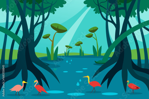tropical mangrove forest with tangled roots  calm 