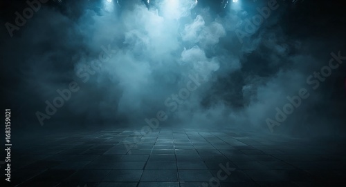 Dramatic atmospheric scene of a dark, empty concert stage with a stone floor, shrouded in mysterious blue smoke and illuminated by bright spotlights