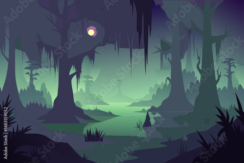misty swamp with cypress trees  spanish moss  and 