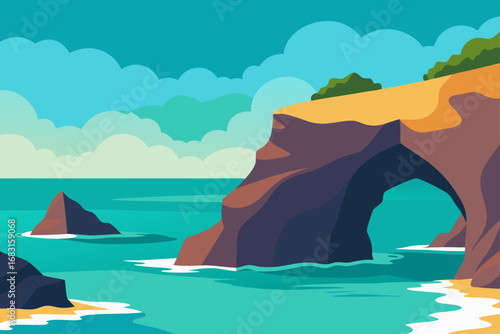 rocky coastline with natural arches  sea caves  an