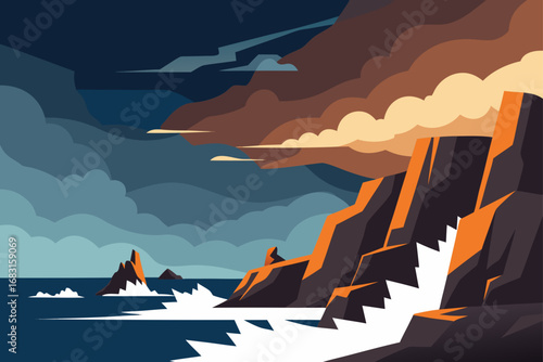 rocky coast with dramatic cliffs  crashing waves  