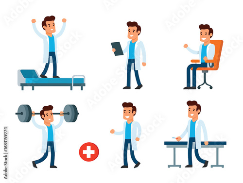 Animated Male Doctor Character Engaging in Diverse Medical Activities and Healthcare Scenarios Vector Illustration