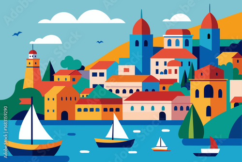 coastal town with a bustling harbor  colorful boat