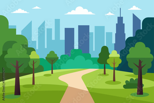 dense urban park with tall trees  walking paths  a