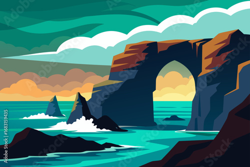 rocky coast with dramatic cliffs  a natural arch  