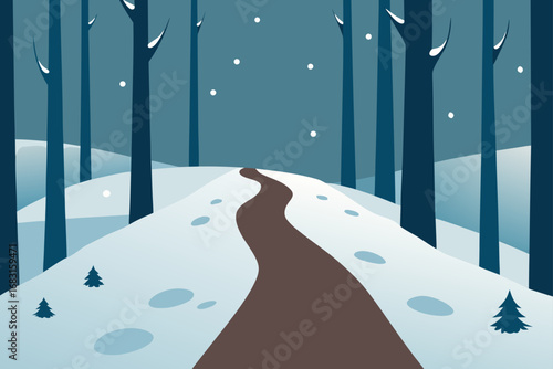 snowy forest path with a few scattered animal trac