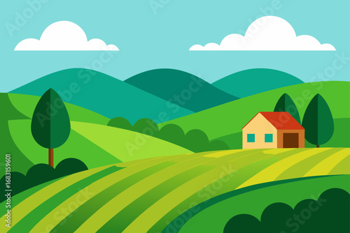 rolling hills of green with a picturesque farm nes