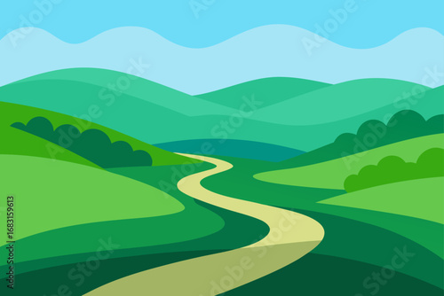 rolling hills of green with a clear stream winding