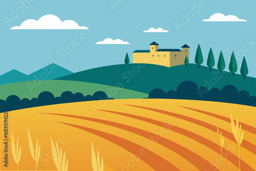 rural french landscape with fields of grain and a 