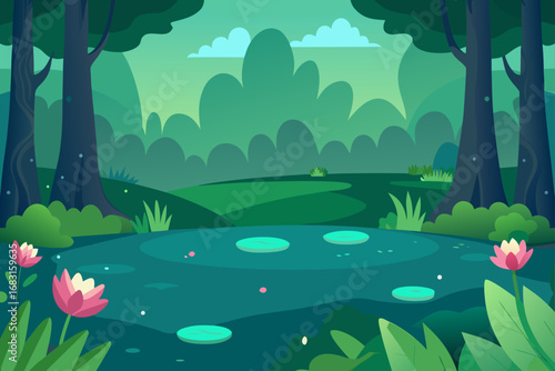 serene forest glade with a small  hidden pond and 
