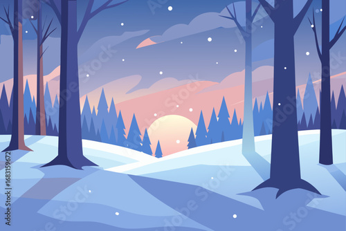 snowy forest at dawn  with soft light illuminating