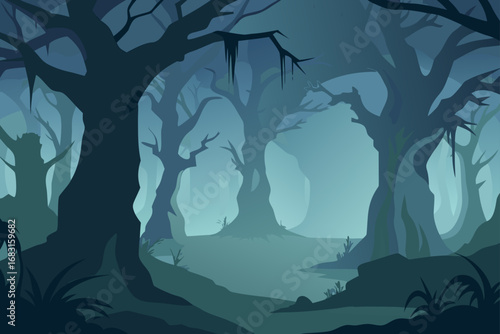 misty ancient forest with massive  gnarled trees a