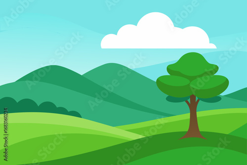 rolling hills of green with a single  majestic tre