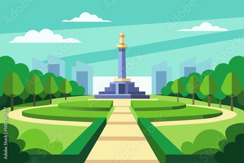 dense urban park with a grand monument and manicur