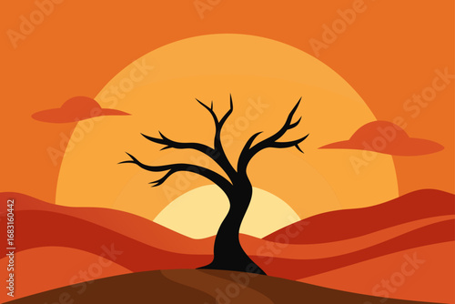 arid desert with a lone  twisted tree against a vi