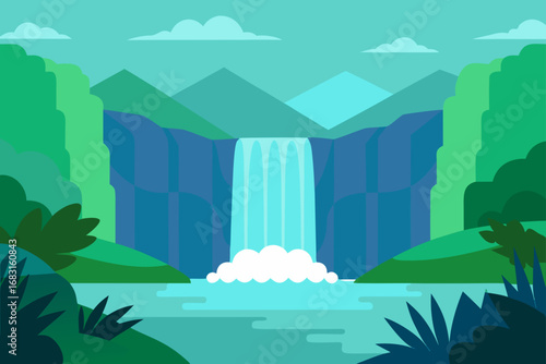 a majestic waterfall cascading into a crystal clea