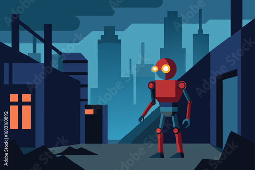 a futuristic robot exploring an abandoned factory 