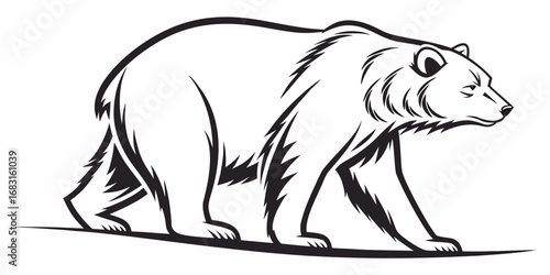 Illustration of a large bear walking with a determined expression in black and white outline style art