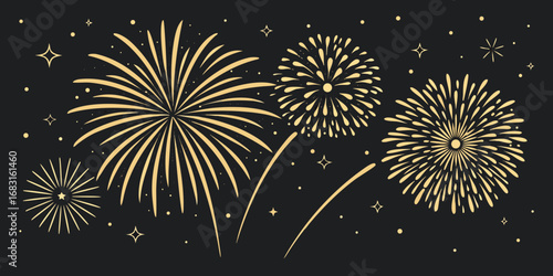 Golden fireworks display against a dark background with stars and sparkles creating a festive atmosphere