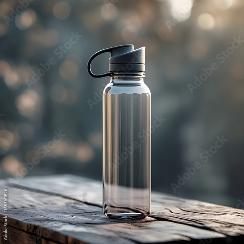 Reusable clear water bottle on a wooden table outdoors