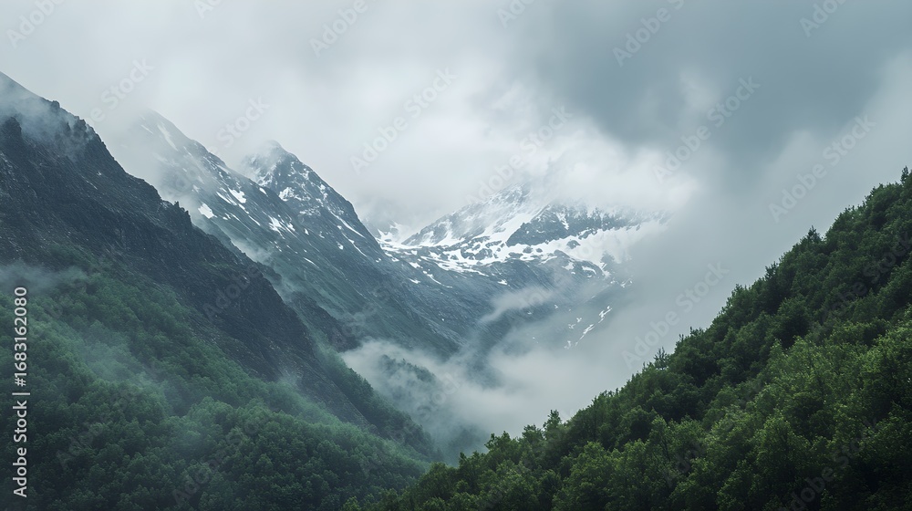 Obraz premium Misty Mountain Valley Green Trees Snow Peaks Cloudscape