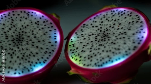 Illuminated Dragon Fruit Slices Vibrant, Glowing, Tropical, Night Photography