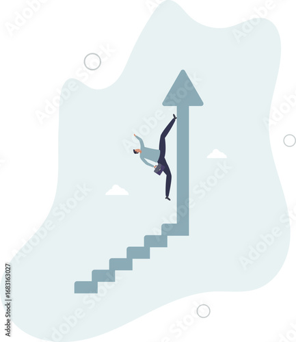 business target concept, confidence businessman step walking up stair of success with rising up arrow.life and employment of people.