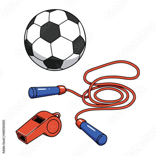 Image features a soccer ball a jump rope and a whistle on a white background