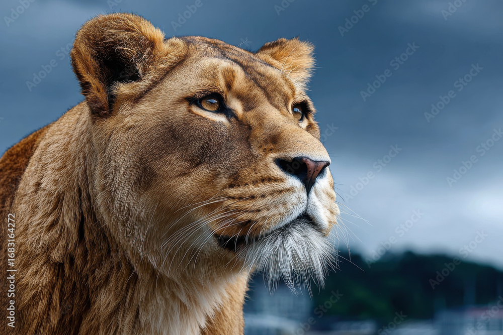 Fototapeta premium Lioness observing her surroundings during a cloudy afternoon