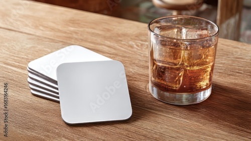 Ai generated image of closeup of a glass of whiskey with ice cubes and a stack of blank square coasters on a wooden bar surface, perfect for branding
