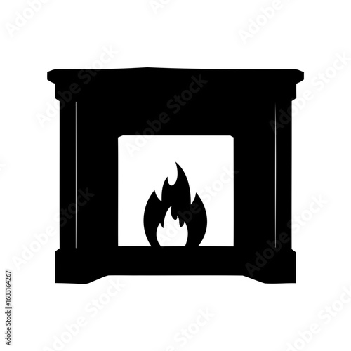 Black silhouette illustration of a fireplace with flames isolated on white background