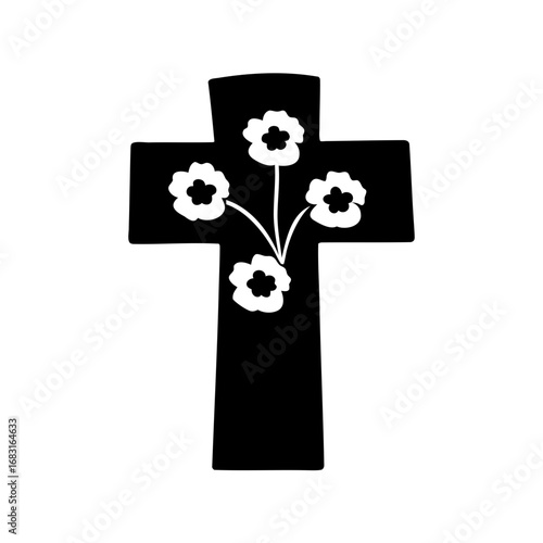 Stylized Christian cross with floral embellishments in a minimalist black and white style