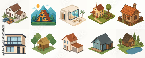 Isometric Various Styles of Buildings Residences and Houses Real Estate Icons