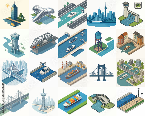 Isometric Style Detailed Urban Infrastructure and Transportation System Icons