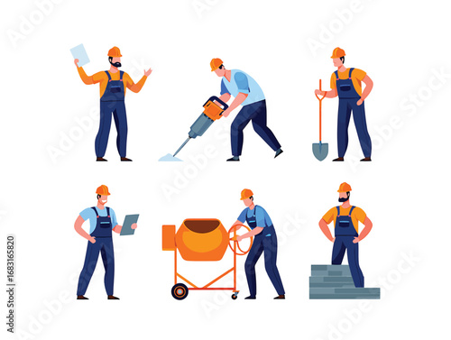 Set of builder characters in uniform with construction tools vector illustration