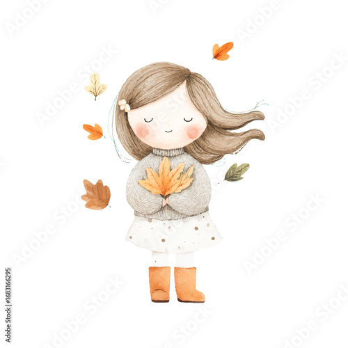 Cute Autumn Girl Watercolor Illustration Fall Leaves Child 1.