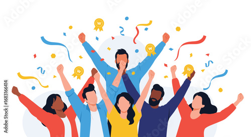 Dynamic team celebrating victory with confetti rain success and achievement in diverse workplace
