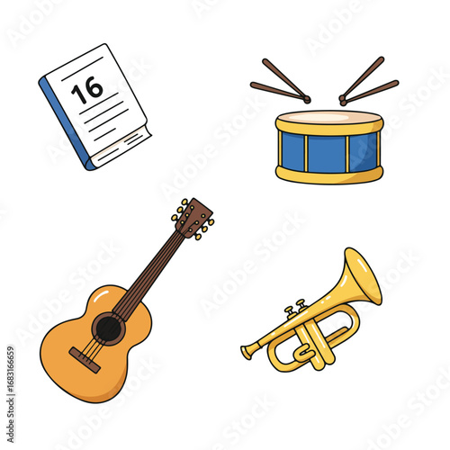 The image shows a book a drum a guitar and a trumpet All objects are cartoonstyle illustrations