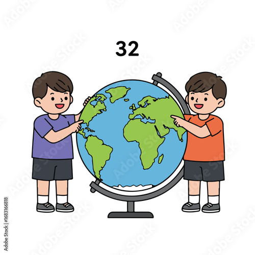 Two children a globe and a number 32 on white