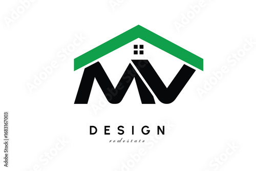 MV Letter Logo – Green Roof House Monogram for Real Estate & Home Branding