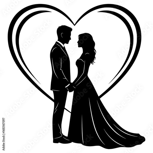 Wedding Couple Silhouette with Heart, Wedding SVG, Love SVG, Bride and Groom SVG, Romantic SVG