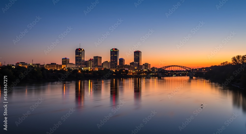 Fototapeta premium Modern city skyline by the river at dusk